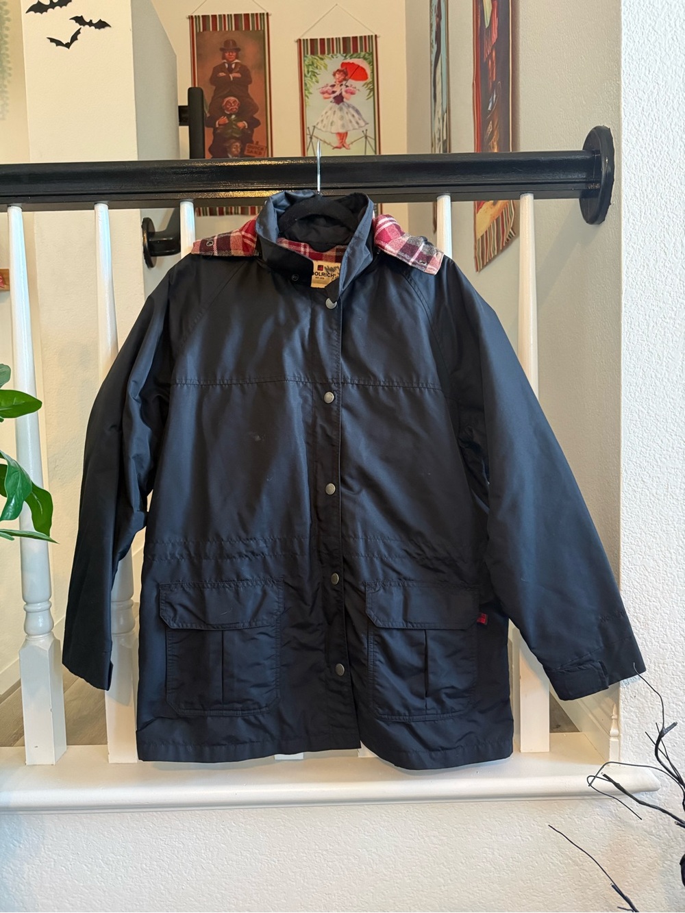 Woolrich Women's XL Black Nylon Anorak Utility Parka Plaid Wool Lined 15054